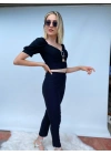 Siyah Kalem Pantolon Toka Detaylı Crop ikili Takım