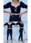 Siyah Kalem Pantolon Toka Detaylı Crop ikili Takım