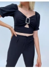 Siyah Kalem Pantolon Toka Detaylı Crop ikili Takım