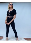 Siyah Kalem Pantolon Toka Detaylı Crop ikili Takım