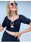 Siyah Kalem Pantolon Toka Detaylı Crop ikili Takım