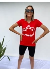 Kadın V Yaka Minyon Karakter Baskılı Kırmızı Tshirt