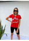 Kadın V Yaka Minyon Karakter Baskılı Kırmızı Tshirt