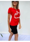 Kadın V Yaka Minyon Karakter Baskılı Kırmızı Tshirt