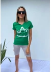 Kadın V Yaka Minyon Karakter Baskılı Yeşil Tshirt