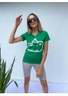 Kadın V Yaka Minyon Karakter Baskılı Yeşil Tshirt