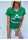 Kadın V Yaka Minyon Karakter Baskılı Yeşil Tshirt