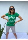 Kadın V Yaka Minyon Karakter Baskılı Yeşil Tshirt