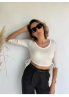 Kadın Beyaz Crop Bluz Yandan Büzgülü