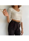 Kadın Beyaz Crop Bluz Yandan Büzgülü