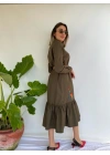 Kadın Elbise Nakışlı Uzun Kollu Haki