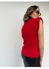 Kadın Kırmızı Kolsuz Vatkalı Triko Kazak