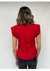 Kadın Kırmızı Kolsuz Vatkalı Triko Kazak