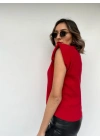 Kadın Kırmızı Kolsuz Vatkalı Triko Kazak