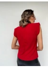 Kadın Kırmızı Kolsuz Vatkalı Triko Kazak