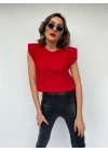 Kadın Kırmızı Kolsuz Vatkalı Triko Kazak
