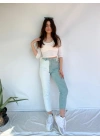 Kadın Kontrast Mom Jean Kot Pantolon Mint Beyaz