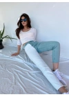 Kadın Kontrast Mom Jean Kot Pantolon Mint Beyaz