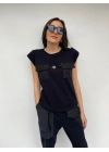 Kadın Bisiklet Yaka Apoletli Siyah Tshirt
