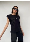 Kadın Bisiklet Yaka Apoletli Siyah Tshirt