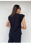 Kadın Bisiklet Yaka Apoletli Siyah Tshirt