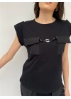 Kadın Bisiklet Yaka Apoletli Siyah Tshirt