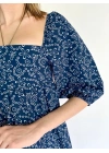 Kadın Çiçek Desenli Kare Yaka Elbise Lacivert