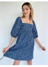 Kadın Çiçek Desenli Kare Yaka Elbise Lacivert