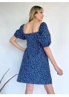 Kadın Çiçek Desenli Kare Yaka Elbise Lacivert