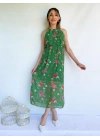 Kadın Halter Yaka Sırt Dekolteli Çiçekli Yeşil Elbise