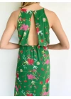 Kadın Halter Yaka Sırt Dekolteli Çiçekli Yeşil Elbise