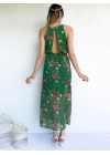 Kadın Halter Yaka Sırt Dekolteli Çiçekli Yeşil Elbise