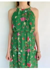 Kadın Halter Yaka Sırt Dekolteli Çiçekli Yeşil Elbise