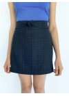 Kadın Bağlama Detay Ekoseli Lacivert Etek