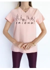 Kadın V Yaka Friends Baskılı Pembe Tshirt