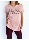 Kadın V Yaka Friends Baskılı Pembe Tshirt