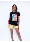 Kadın Baskılı Basic Siyah Tshirt