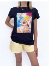 Kadın Baskılı Basic Siyah Tshirt