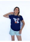 Kadın Baskılı Basic Lacivert Tshirt