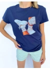 Kadın Baskılı Basic Lacivert Tshirt
