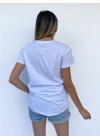 Kadın Pembe Çiçek Baskılı Basic Beyaz Tshirt