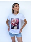 Kadın Pembe Çiçek Baskılı Basic Beyaz Tshirt