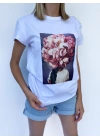 Kadın Pembe Çiçek Baskılı Basic Beyaz Tshirt