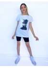 Kadın Women Face Baskılı Basic Beyaz Tshirt