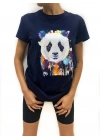Kadın Panda Baskılı Basic Lacivert Tshirt
