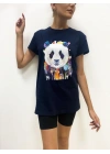 Kadın Panda Baskılı Basic Lacivert Tshirt