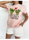 Kadın Baskılı Basic Tişört Toz Pembe