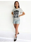 Kadın Baskılı Basic Tişört Gri