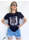 Kadın Ayıcık Baskılı Tshirt Siyah