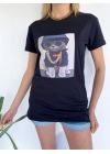Kadın Ayıcık Baskılı Tshirt Siyah